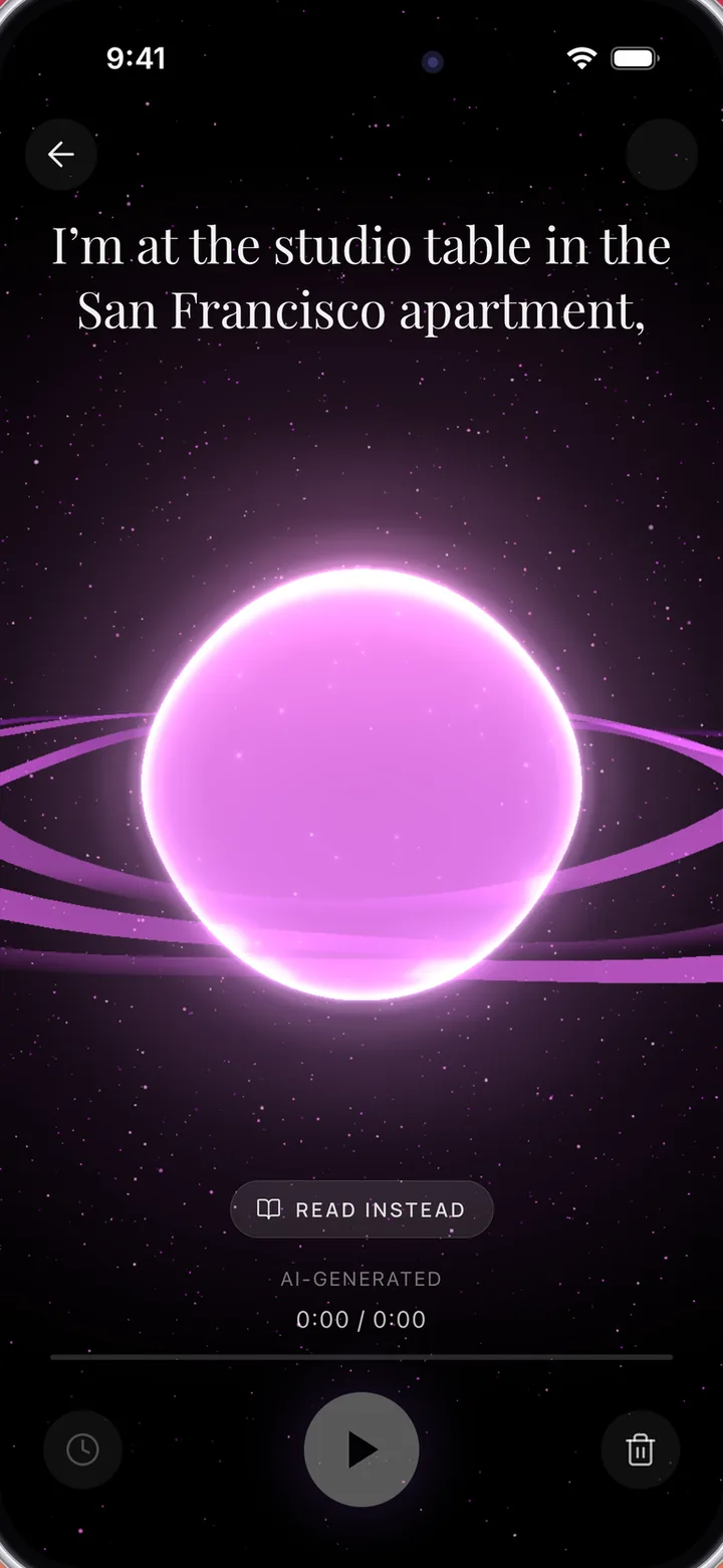 The future-self screen, with a glowing planet and a message being read aloud