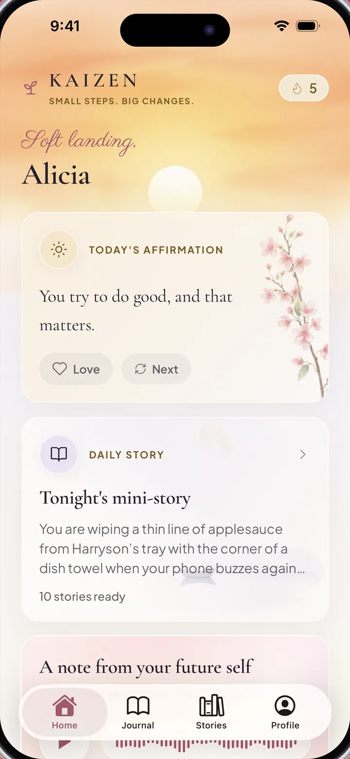 The Kaizen home screen with today’s affirmation and tonight’s mini-story
