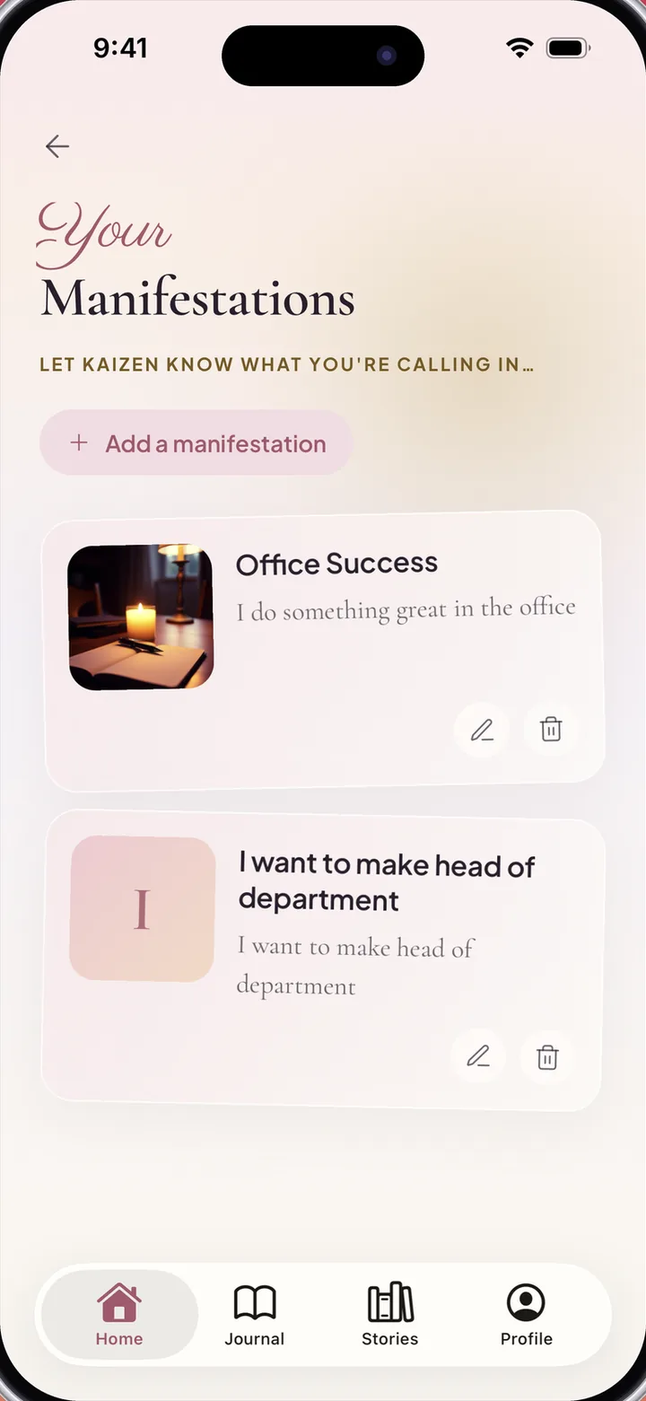 The Your Manifestations screen with an Office Success entry